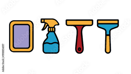 Collection of cleaning supplies including a spray bottle and squeegees for window washing.