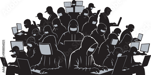 A large group of anonymous hackers wearing masks and hoodies are working together on multiple computers and laptops.