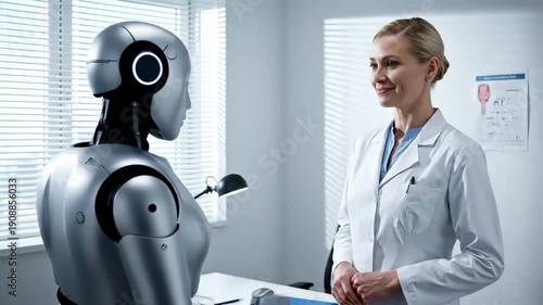 A humanoid robot interacts with a middle-aged female doctor in a medical office with a silver and white color scheme and natural lighting.