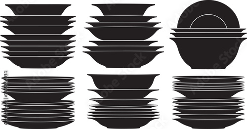Black and white illustration of stacked plates and bowls
