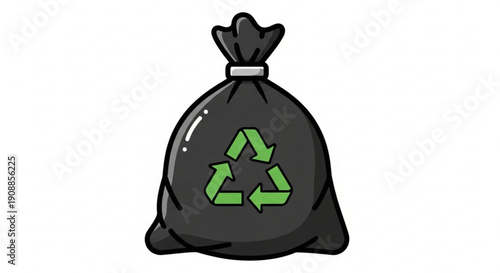 Black trash bag with green recycling symbol on white background