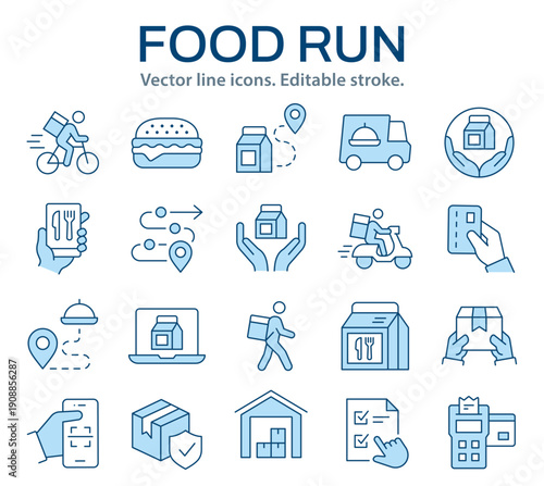 Icon set for food delivery and logistics. Editable line icons showing couriers, tracking, packaging, payment, and order management.