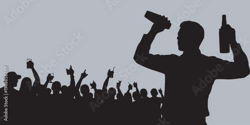 Silhouette of a bartender mixing drinks for a crowd of people at a party or event.