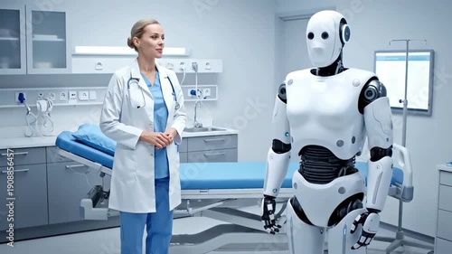 A female doctor standing next to a humanoid robot in a modern medical examination room with a clean and sterile atmosphere.
