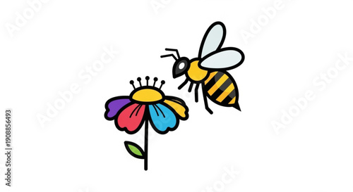 Colorful bee flying towards vibrant flower with rainbow petals and yellow center