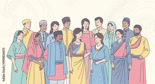 Diverse group of people wearing traditional clothing standing together in unity and cultural celebration