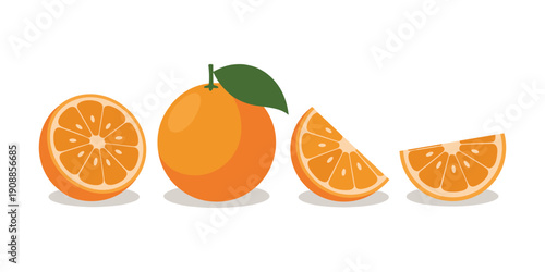 Orange fruit with slices and whole on white background green leaf vector illustration.