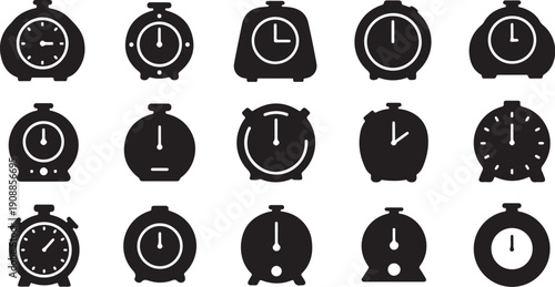 Collection of various alarm clock icons in black and white