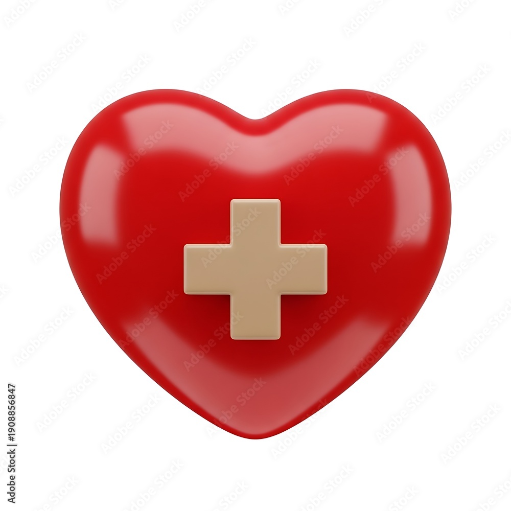 Fototapeta premium Red heart with cross symbol, 3d medical icon, health care, love, first aid