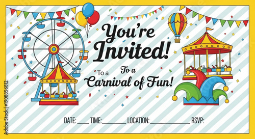 Colorful carnival invitation card with ferris wheel merry go round and hot air balloon