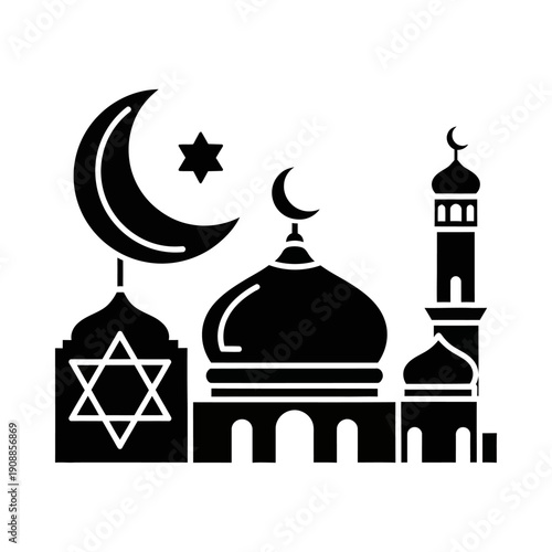 Interfaith buildings with moon and star symbols on white background
