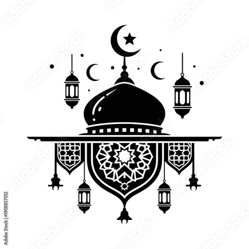 Ornate mosque silhouette with crescent moon and lanterns intricate islamic patterns and geometric designs black and white illustration for cultural celebrations