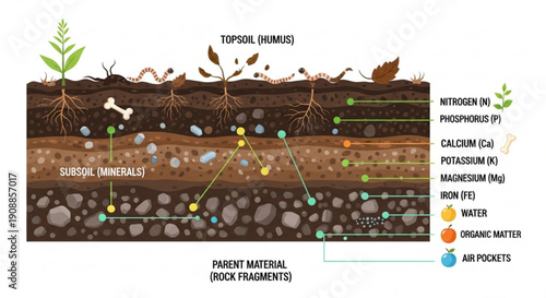 Soil layers diagram with plant growth and nutrient elements topsoil subsoil and parent material
