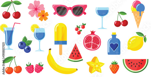 Flat vector illustration set of summer tropical fruits including watermelon banana strawberry cherries lemon pomegranate and cold drinks like cocktails and ice cream.