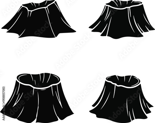 Four black silhouette illustrations of a volcano with smoke emanating from its crater on a transparent background