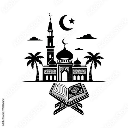 Illustration of islamic mosque with minaret crescent moon and open quran on stand against palm trees and clouds
