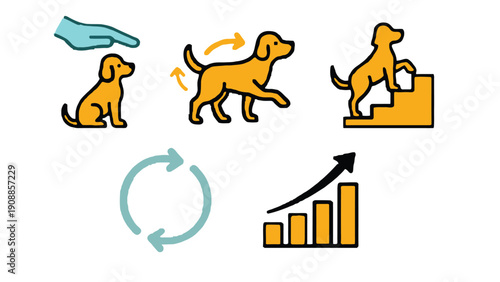 Dog training with a remote control and progress graph illustration