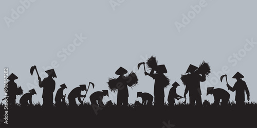 Silhouettes of farmers in conical hats harvesting crops in a field, symbolizing agricultural labor and tradition.