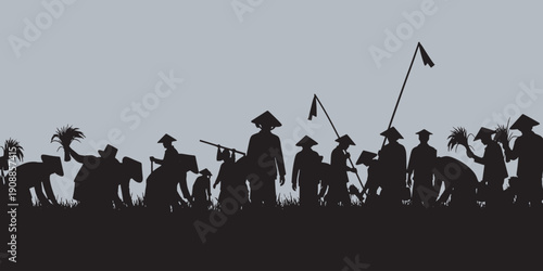 Silhouette of farmers working in a field, harvesting crops under a pale sky.