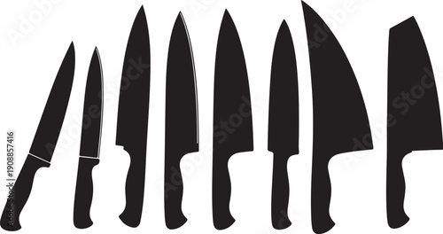 Collection of various kitchen knives on white background