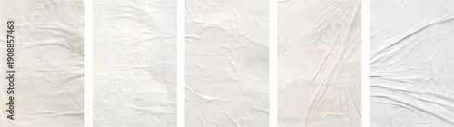 white crumpled and creased glued mockup paper poster template set isolated on black background