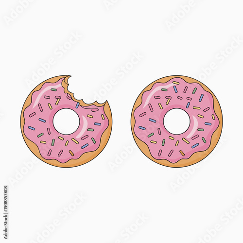 Fotografie Two pink frosted donuts with sprinkles one bitten pink frosting bitten donut white background
