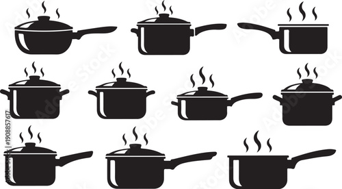 Black silhouette cooking pots with steam rising illustration set