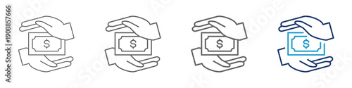 Buy Out icon with thick lines and blue color for illustration design with two hands hold the money or currency.