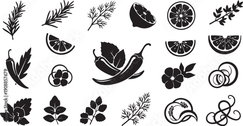 Black and white botanical icons with fruits and leaves