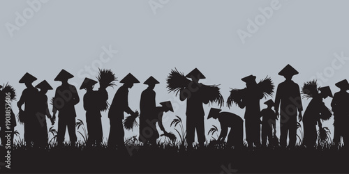 Silhouette of farmers wearing conical hats harvesting crops in a field, representing agricultural labor and tradition.