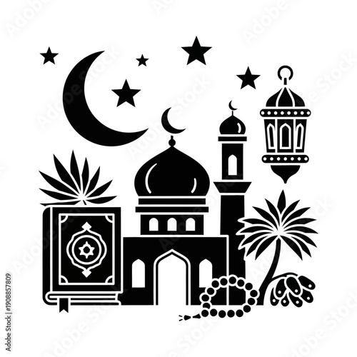 Ramadan kareem islamic symbols and architecture illustration