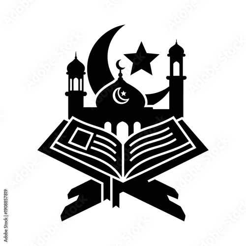 Islamic symbol with mosque crescent moon star and open book on crossed hands representing faith and spirituality