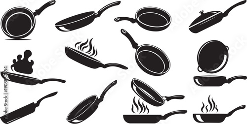 Black silhouettes of various frying pans and cooking utensils
