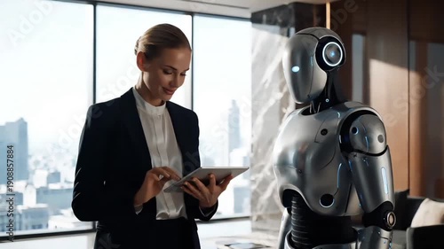 Businesswoman in a modern office interacting with a humanoid robot while holding a tablet with a cityscape background and metallic tones.