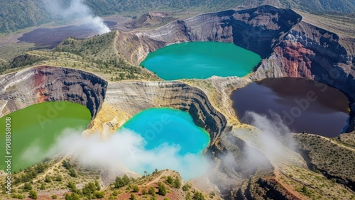 Aerial vista of Kelimutu's captivating crater lakes showcasing vibrant colors and geological