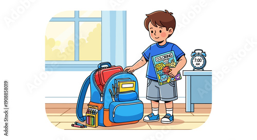 Young Boy Holding Book with Backpack.