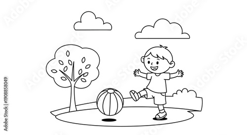 Happy little boy playing with ball.