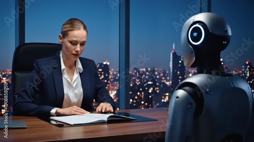 Businesswoman sitting at a desk with a humanoid robot in a modern office with a cityscape view at night.