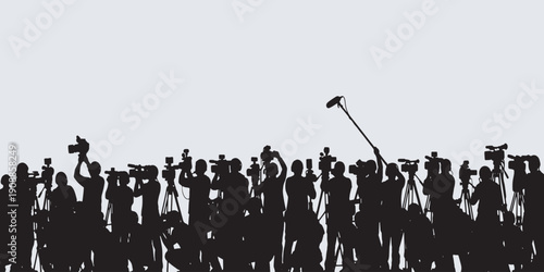 Silhouette of a crowd of people holding cameras and microphones, capturing an event.