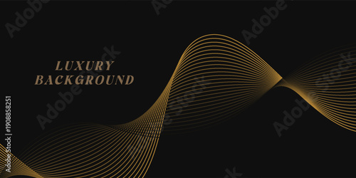 Abstract luxury with shining gold lines waves on black background. Futuristic background of flowing gold lines for banner, poster, cover, brochure, flyer, website