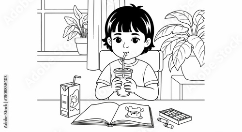 Child Drinking Juice Box While Studying.