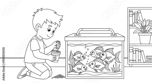 Boy looking at fish aquarium tank.
