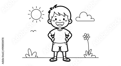 Happy little boy standing smiling outdoors.