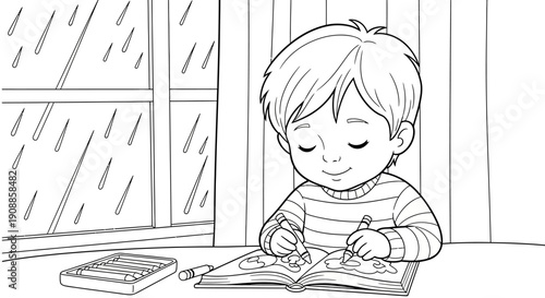 Young boy reading book by window.