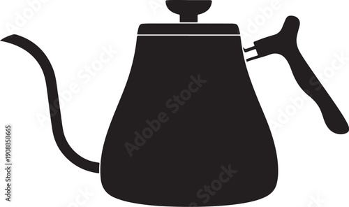 Minimalist black coffee kettle with handle and spout isolated on white background