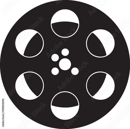 Minimalist film reel icon with moon phases isolated on white background
