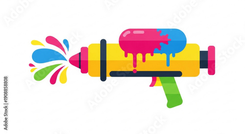 Colorful water gun with paint splashes and drips on white background
