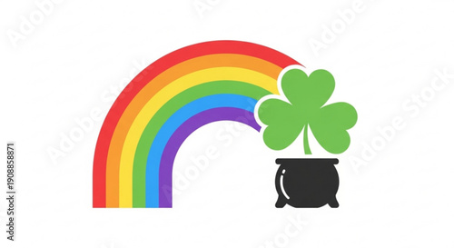 Colorful rainbow leads to a pot of gold with a shamrock symbolizing luck and fortune