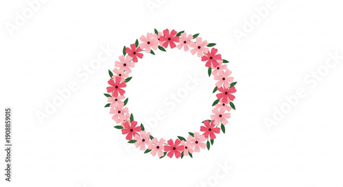 Pink floral wreath with green leaves on white background for decoration