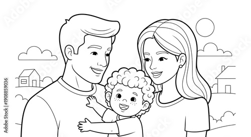 Smiling family with little curly child.